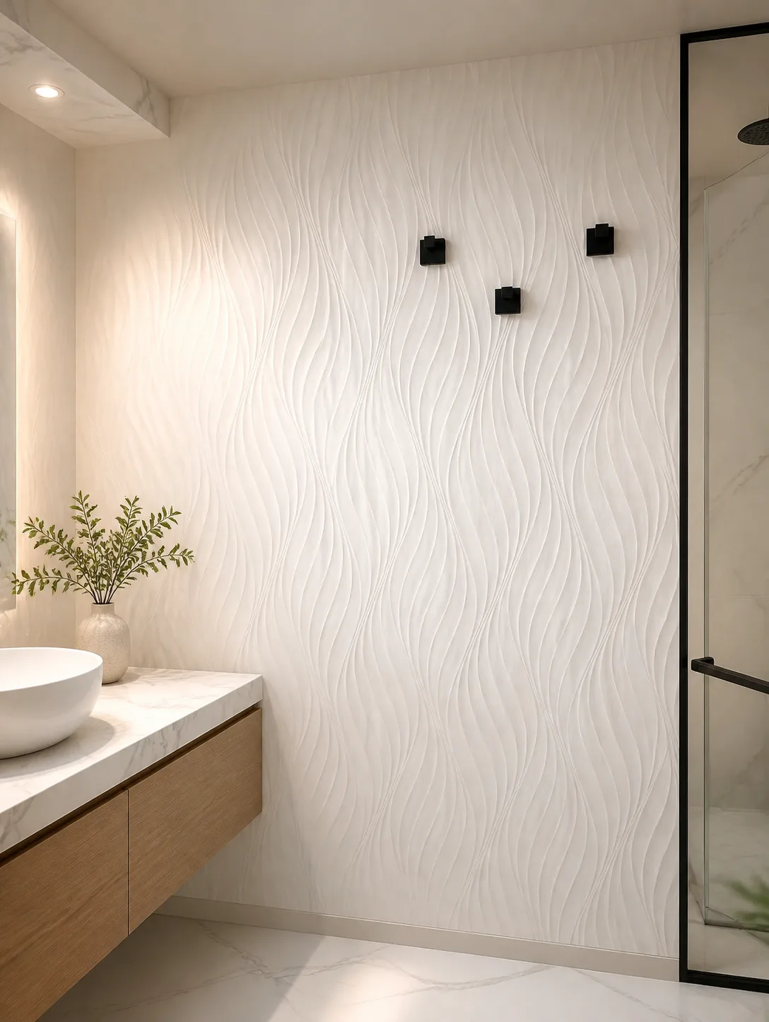 White wave-textured wallcovering installed in a bathroom with a glass shower