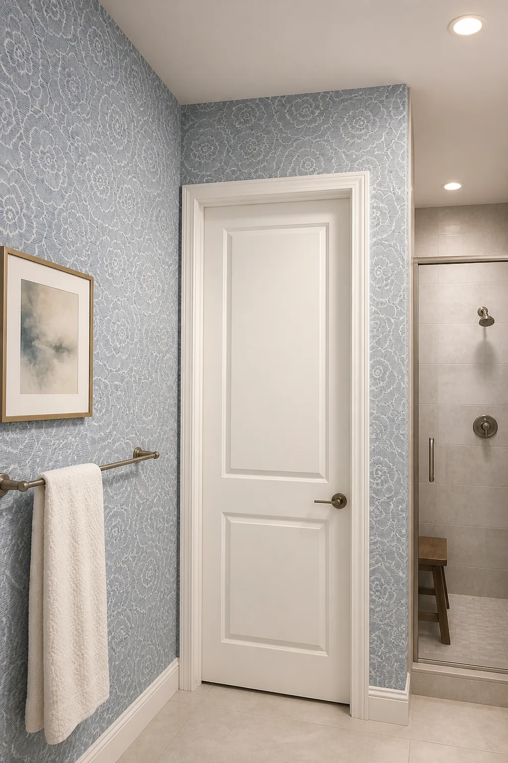 Blue and white floral wallpaper installed in a bathroom with a glass walk-in shower