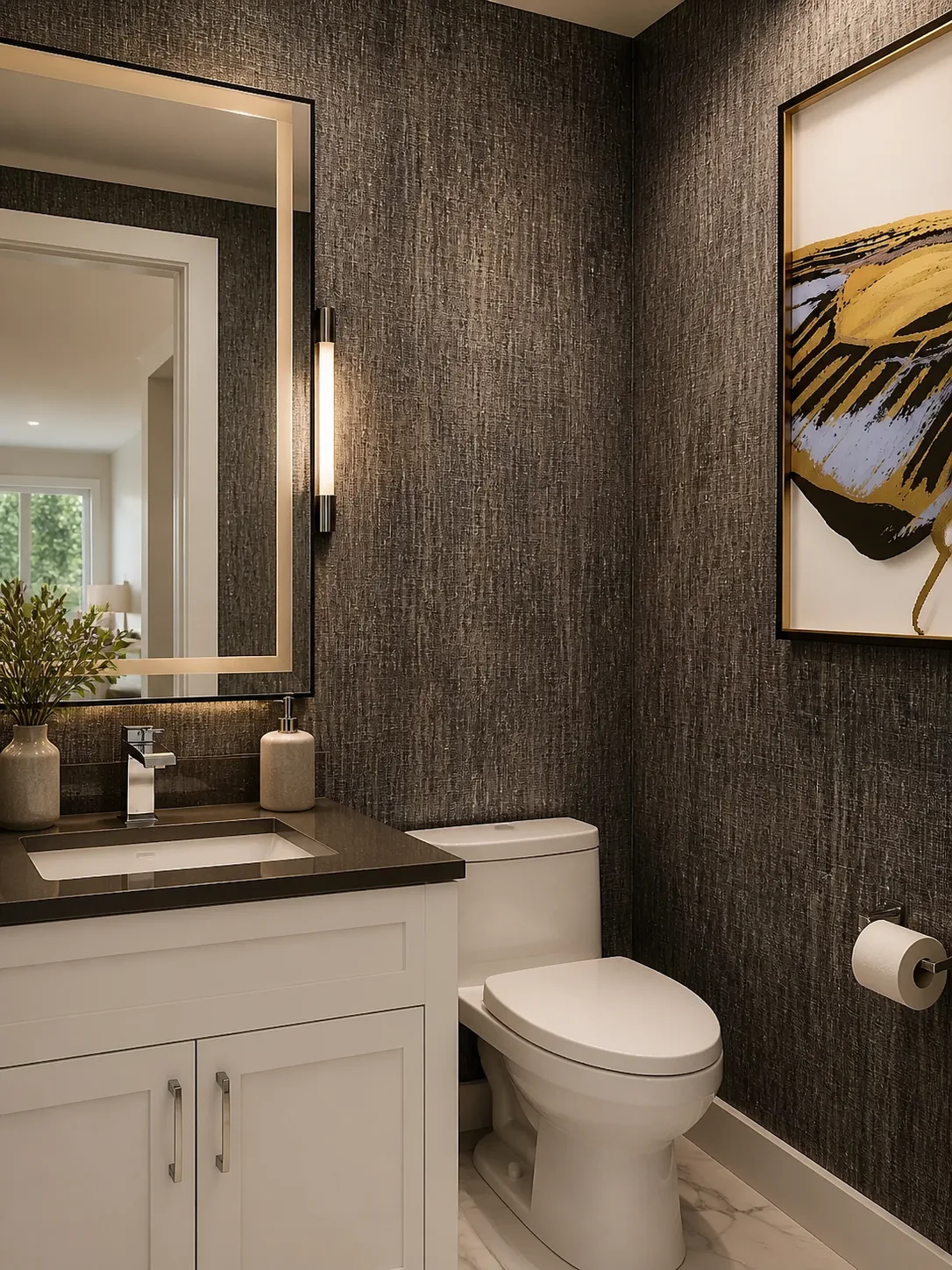 Textured wallcovering installed in a powder room with framed art above the toilet